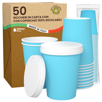 50 Bicchieri in Carta Riciclabile Colore Celeste da 200ml e Coperchi