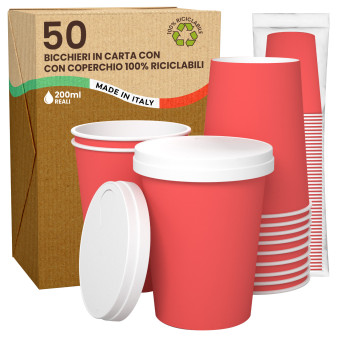 50 Bicchieri in Carta Riciclabile Rosso da 200ml e Coperchi