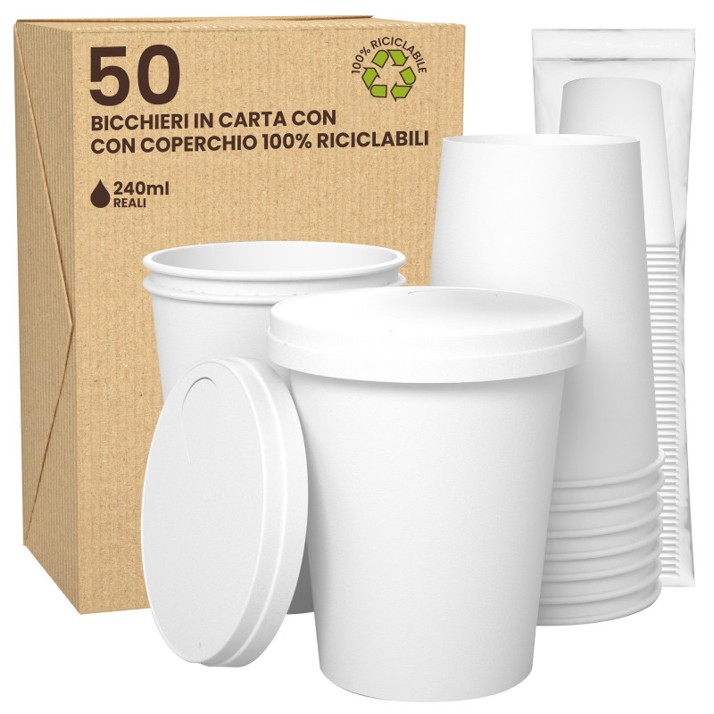 50 Bicchieri in Carta Bianca Con Coperchi da 240ml