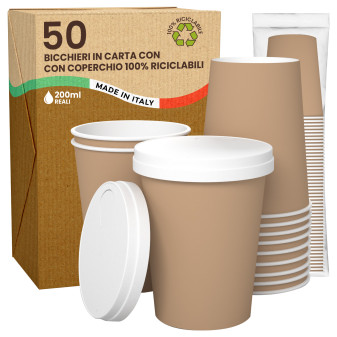 50 Bicchieri in Carta Riciclabile Colore Avana da 200ml con Coperchi