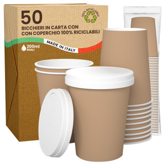 50 Bicchieri in Carta Riciclabile Colore Avana da 200ml con Coperchi