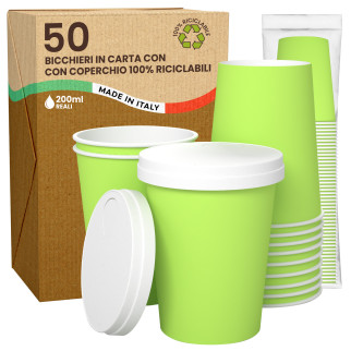 50 Bicchieri in Carta Riciclabile Colore Verde da 200ml con Coperchi