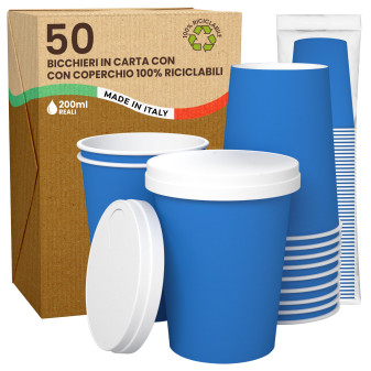 50 Bicchieri in Carta Riciclabile Colore Blu da 200ml con Coperchi