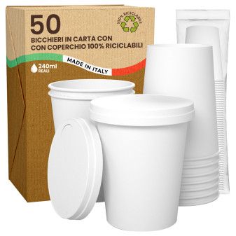 50 Bicchieri in Carta Riciclabile Bianco da 240ml con Coperchi