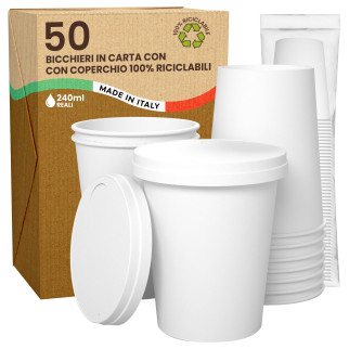 50 Bicchieri in Carta Riciclabile Bianco da 240ml con Coperchi