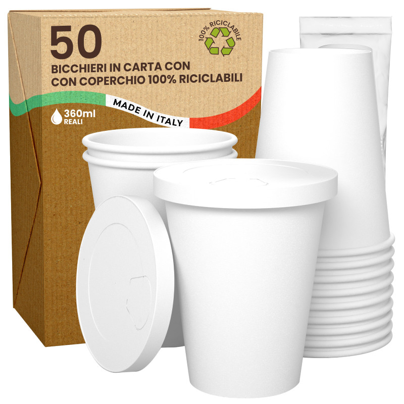 50 Bicchieri in Carta Riciclabile Bianco da 360ml e Coperchi