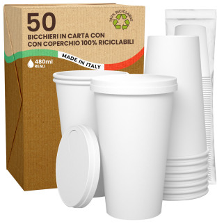 50 Bicchieri in Carta Riciclabile Bianco da 480ml e Coperchi