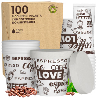 100 Bicchierini in Carta Riciclabile LoveWhiteCUP da 65ml e Coperchi
