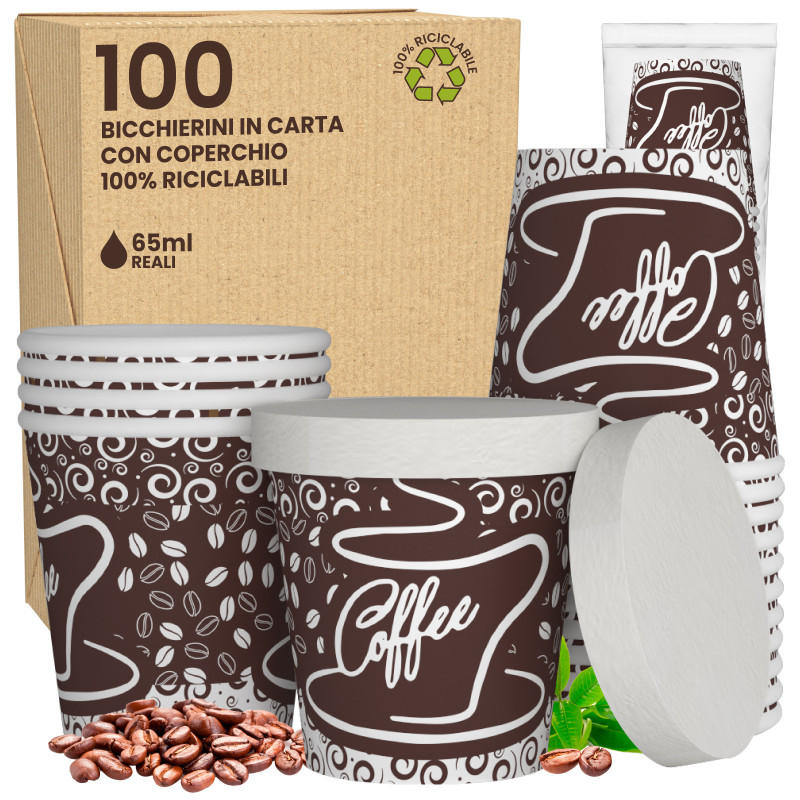 100 Bicchierini in Carta Riciclabile Coffee da 65ml e Coperchi