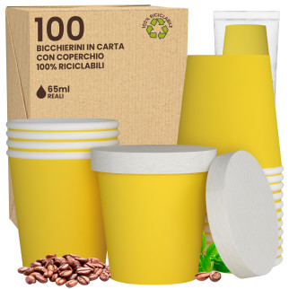 100 Bicchierini in Carta Riciclabile Colore Giallo da 65ml e Coperchi