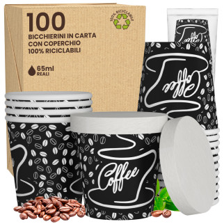 100 Bicchierini in Carta Riciclabile BlackCUP da 65ml e Coperchi