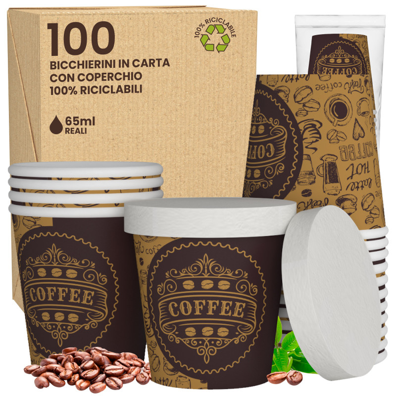 100 Bicchierini in Carta Riciclabile PubCUP da 65ml e Coperchi