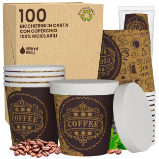 100 Bicchierini in Carta Riciclabile PubCUP da 65ml e Coperchi