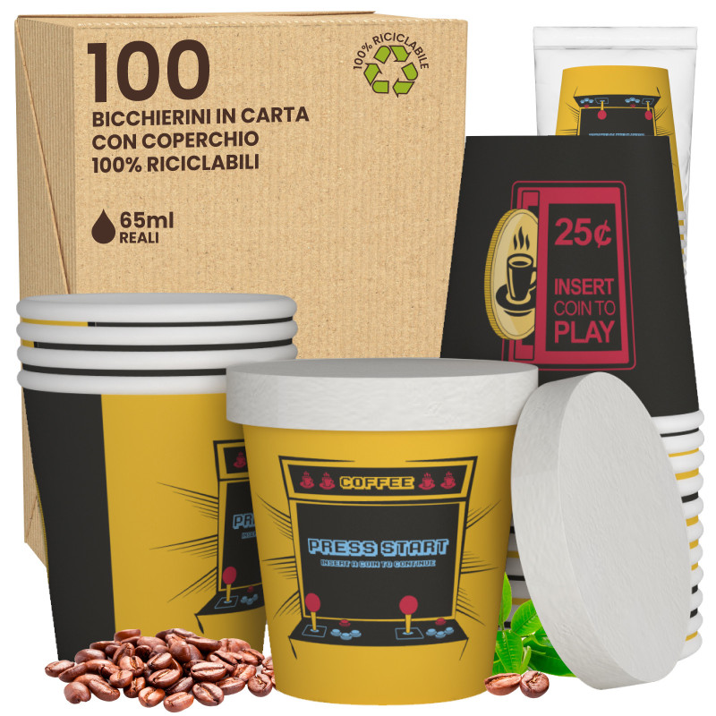 100 Bicchierini da Caffè in Carta ArcadeCUP da 65ml con coperchi