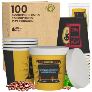 100 Bicchierini da Caffè in Carta ArcadeCUP da 65ml con coperchi
