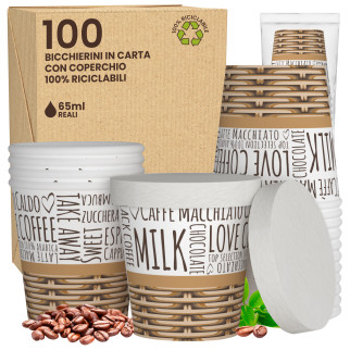 100 Bicchierini in Carta Riciclabile SweetCUP da 65ml e Coperchi