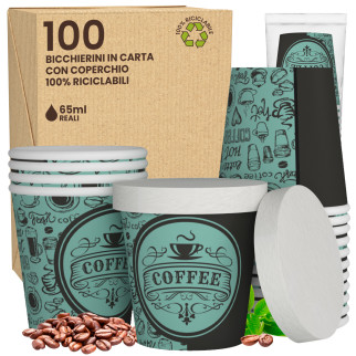 100 Bicchierini da Caffè con coperchi in Carta PubGreenCUP da 65ml
