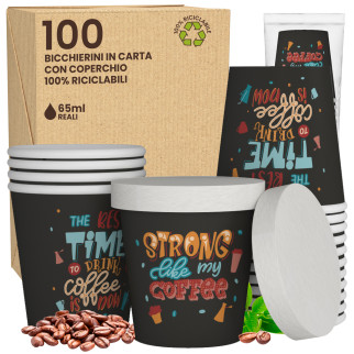 100 Bicchierini in Carta Riciclabile StrongLifeCUP da 65ml e Coperchi