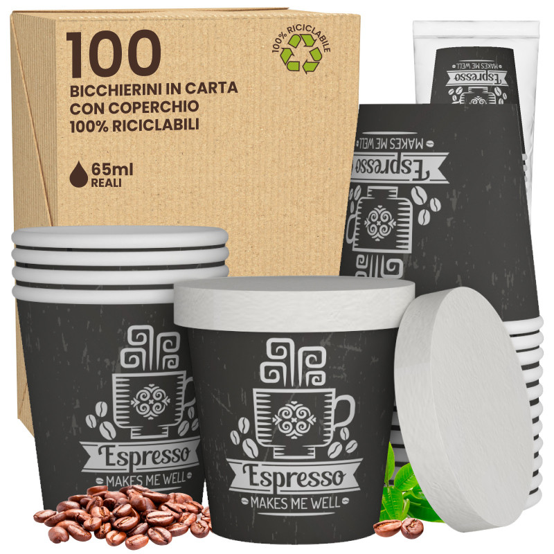 100 Bicchierini in Carta Riciclabile CuzcoCUP da 65ml e Coperchi
