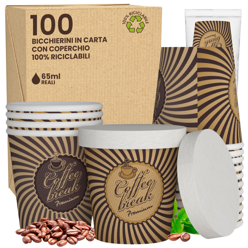 100 Bicchierini in Carta Riciclabile VintageCUP da 65ml e Coperchi