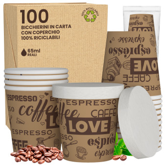 100 Bicchierini in Carta Riciclabile LoveBrownCUP da 65ml e Coperchi