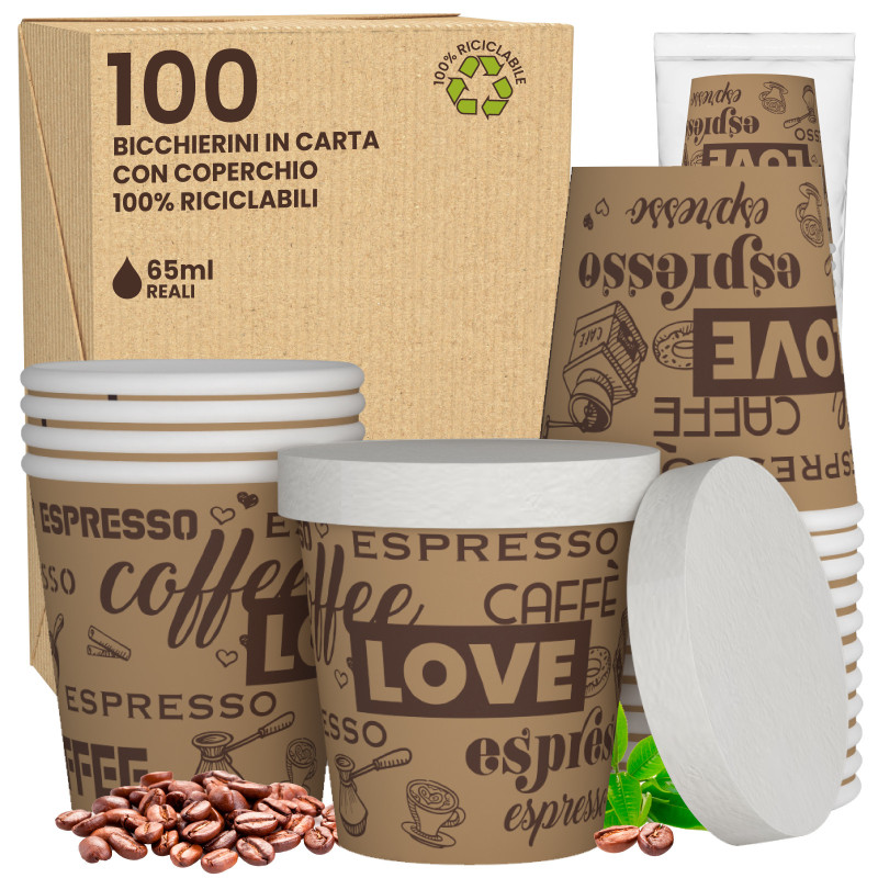 100 Bicchierini in Carta Riciclabile LoveBrownCUP da 65ml e Coperchi