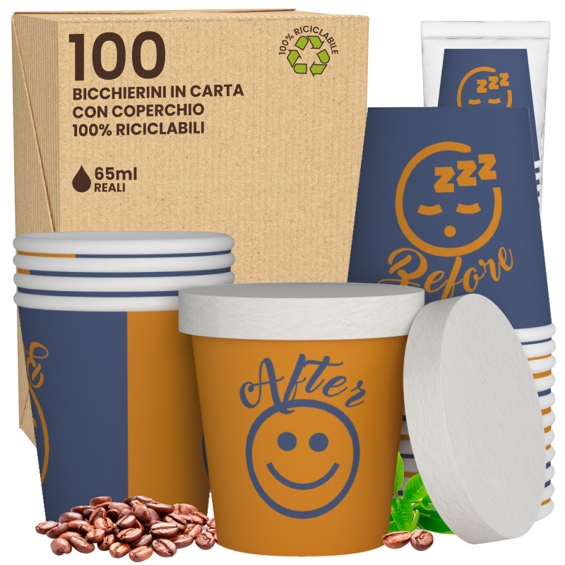 100 Bicchierini in Carta Riciclabile DownUpCUP Blue da 65ml e Coperchi