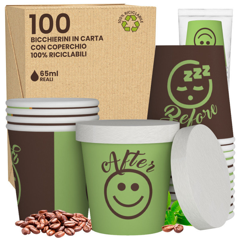100 Bicchierini in Carta Riciclabile DownUpCUP Green da 65ml e Coperchi