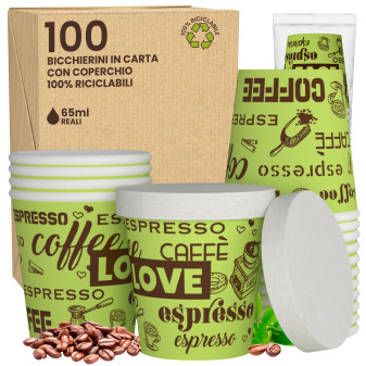 100 Bicchierini in Carta Riciclabile LoveGreenCUP da 65ml e Coperchi