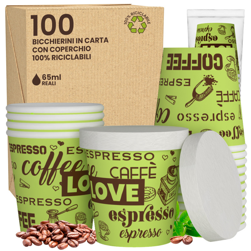 100 Bicchierini in Carta Riciclabile LoveGreenCUP da 65ml e Coperchi