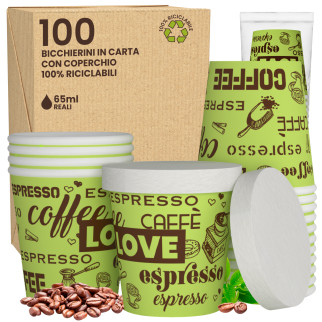 100 Bicchierini in Carta Riciclabile LoveGreenCUP da 65ml e Coperchi
