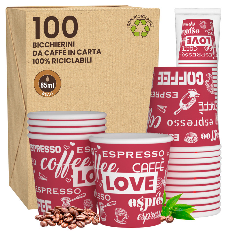 100 Bicchierini in Carta Riciclabile LoveRedCUP da 65ml e Coperchi