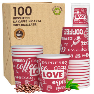 100 Bicchierini in Carta Riciclabile LoveRedCUP da 65ml e Coperchi