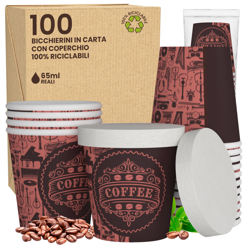 100 Bicchierini in Carta Riciclabile PubPinkCUP da 65ml e Coperchi