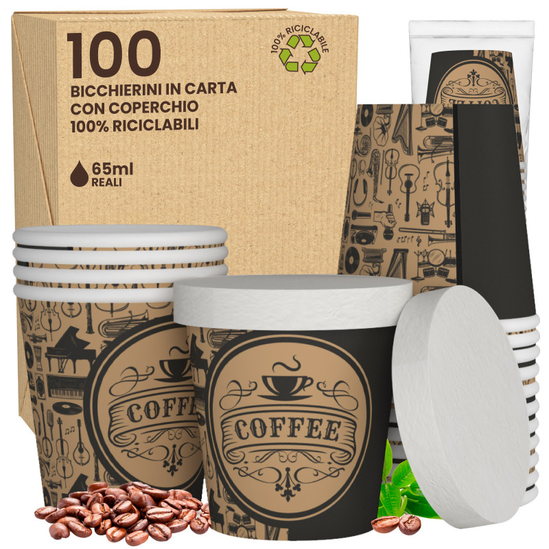 100 Bicchierini in Carta Riciclabile PubBeigeCUP da 65ml e Coperchi