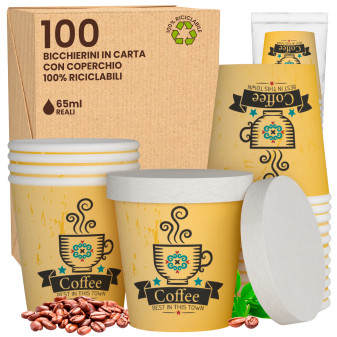 100 Bicchierini in Carta Riciclabile CuzcoCUP Yellow da 65ml e Coperchi