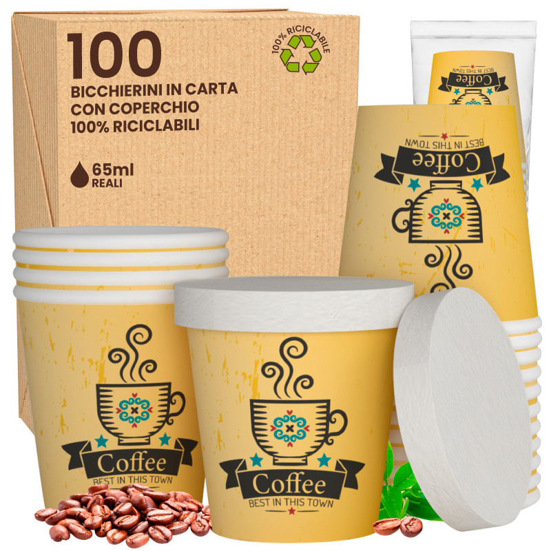 100 Bicchierini in Carta Riciclabile CuzcoCUP Yellow da 65ml e Coperchi