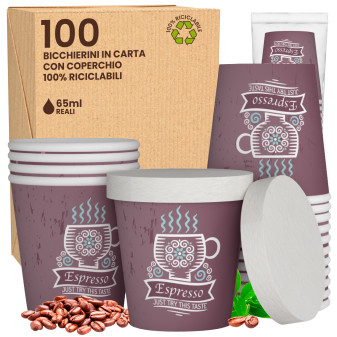 100 Bicchierini in Carta Riciclabile CuzcoCUP Brown da 65ml e Coperchi