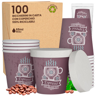 100 Bicchierini in Carta Riciclabile CuzcoCUP Brown da 65ml e Coperchi