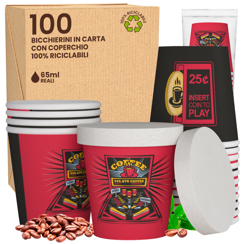 100 Bicchierini in Carta Riciclabile FlipperCUP da 65ml e Coperchi