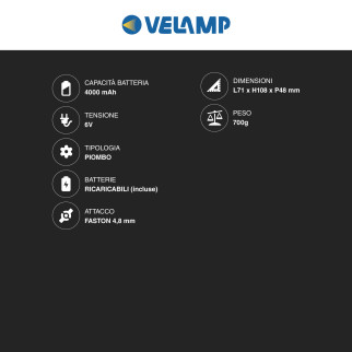 Batteria al Piombo 6V4Ah Ricaricabile Attacchi Faston Velamp