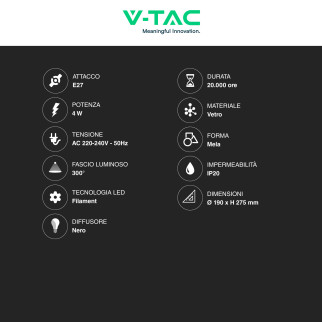 VT-2263 Lampadina LED E27 4W Mela Filament Vetro Oscurato V-Tac