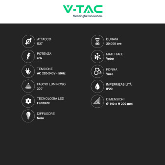 VT-2264 Lampadina LED E27 4W Forma Vaso Filament Vetro V-Tac