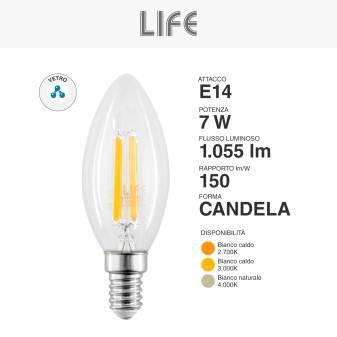 Life Lampadina LED E14 Filament 7W Candela C35 in Vetro