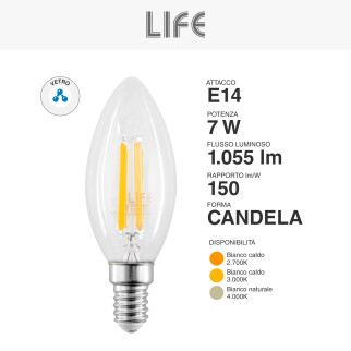 Life Lampadina LED E14 Filament 7W Candela C35 in Vetro