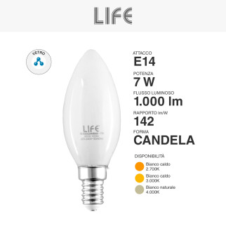 Lampadina LED E14 Filament 7W Candela C35 in Vetro Life