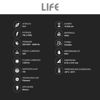 Lampadina LED E14 Filament 7W Candela C35 in Vetro Life