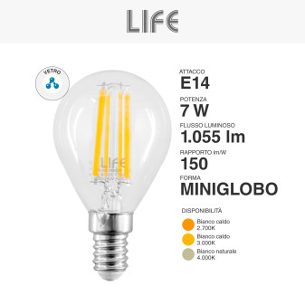 Life Lampadina LED E14 7W P45 MiniGlobo SMD in Vetro