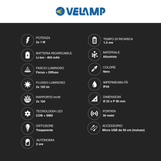 Velamp Torcia LED Ricaricabile Lampada Laterale Zoom IP44
