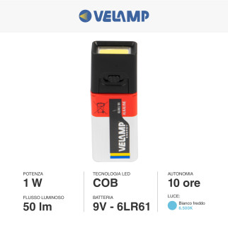 Velamp Torcia LED COB 1W pila 9V Tascabile